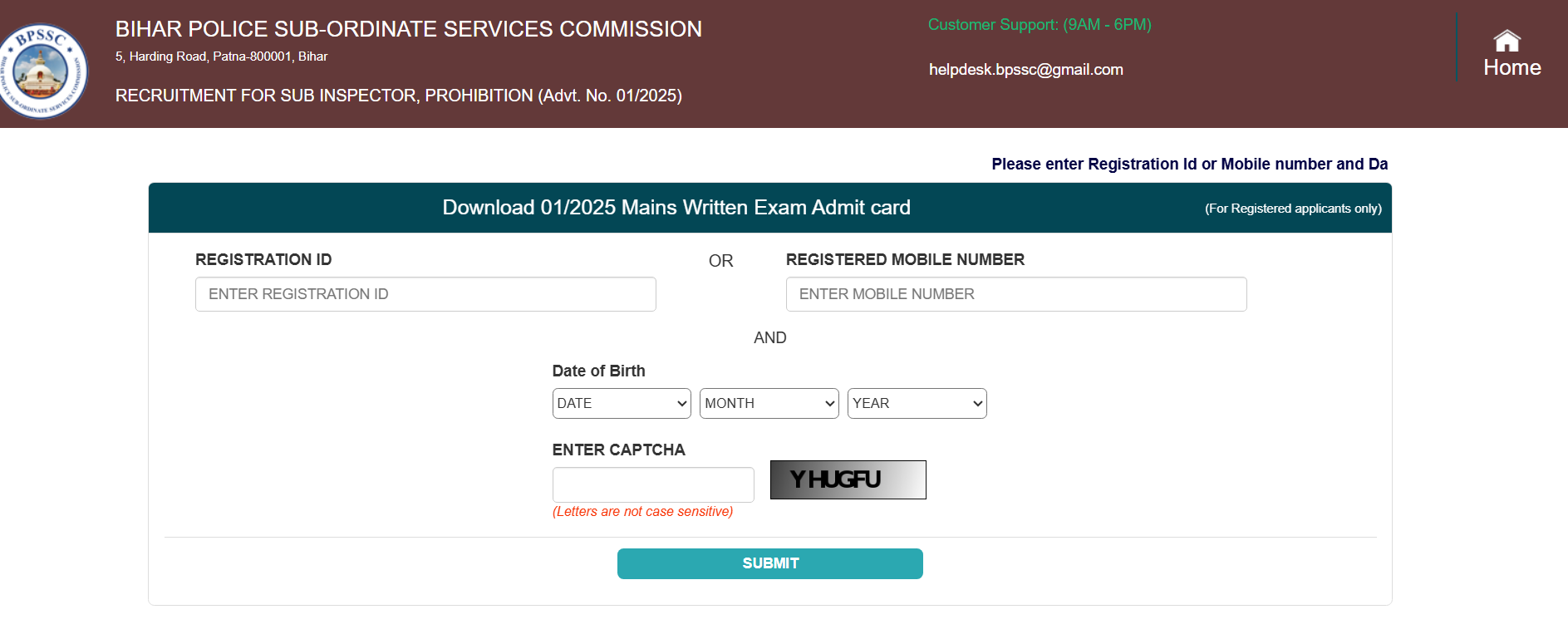 BPSSC Enforcement Sub Inspector SI Admit Card 2025