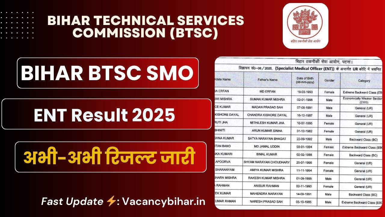 BTSC SMO ENT Result 2025 Out : BTSC SMO ENT Result 2025 जारी हुआ, ऐसे चेक करें? BTSC SMO ENT Result 2025