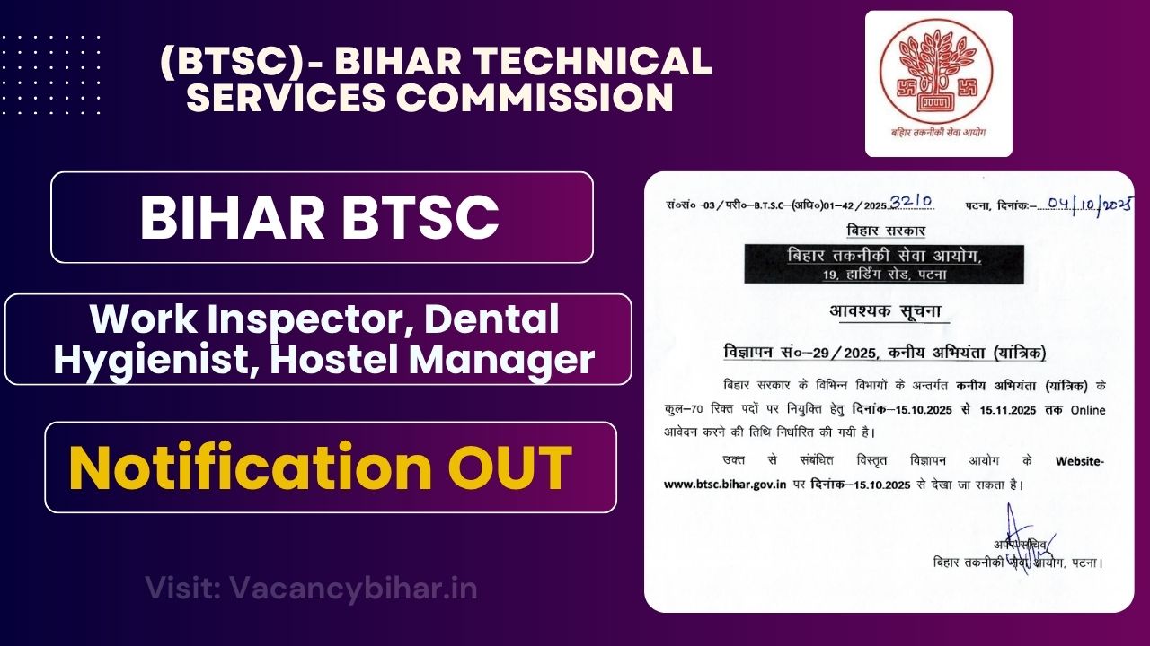 Bihar BTSC Work Inspector, Dental Hygienist, Hostel Manager, Apply Online Online For 1907 Posts